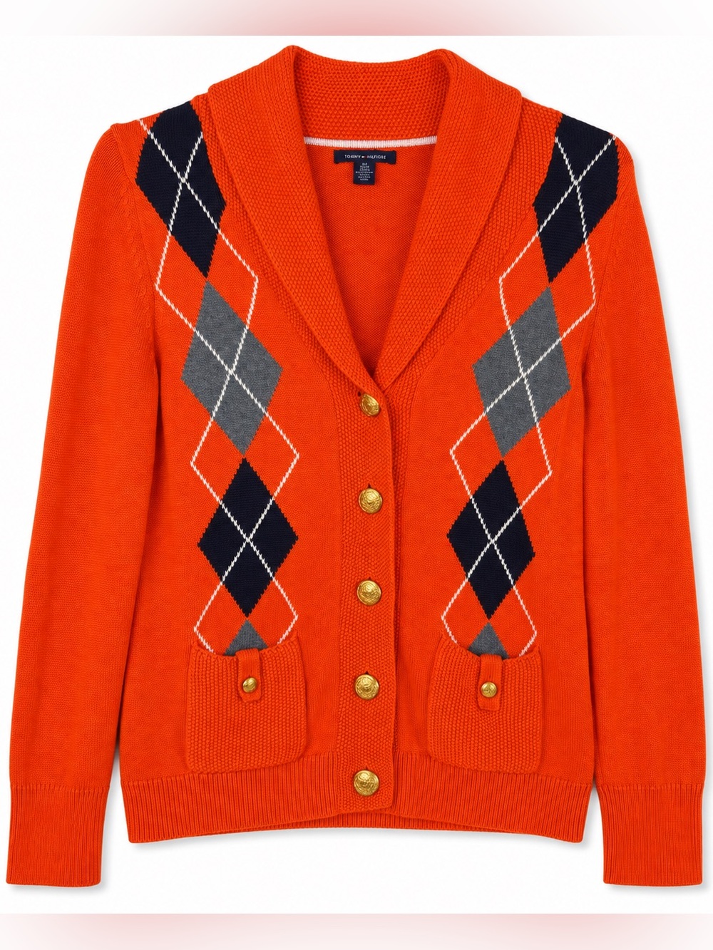 Tommy Hilfiger 2009 Orange Argyle Cardigan Sweater Gold Buttons S